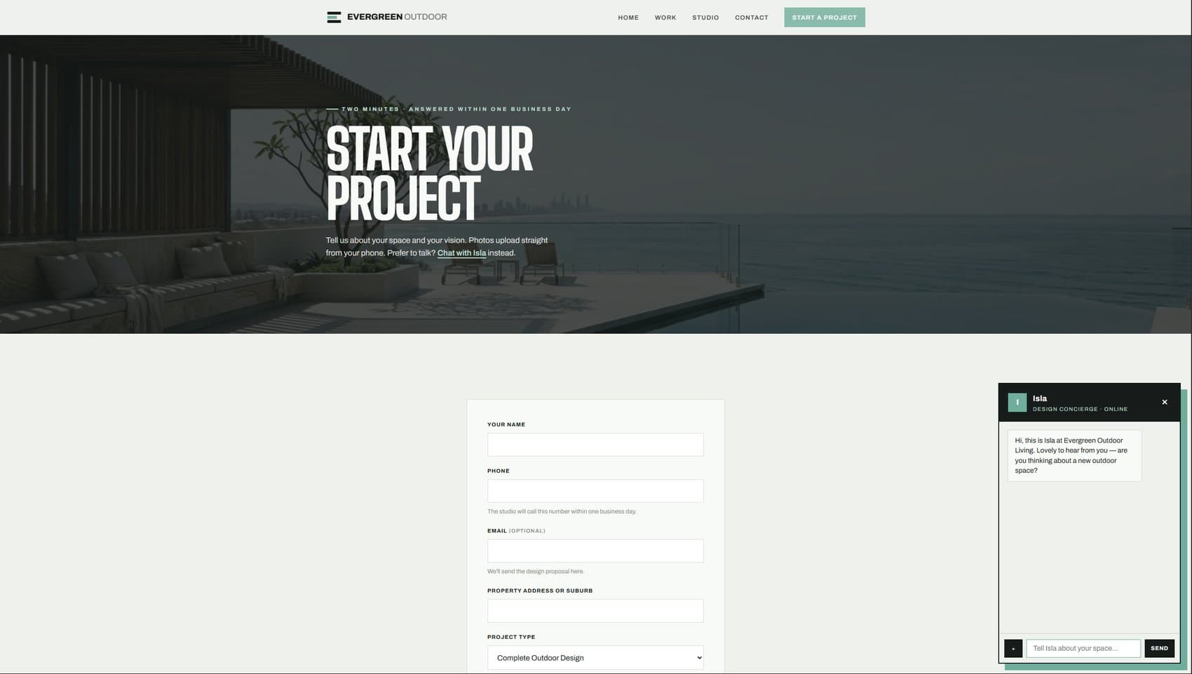 Isla, the design concierge, open in chat on the Evergreen Outdoor Living site: Hi, this is Isla at Evergreen Outdoor Living. Lovely to hear from you — are you thinking about a new outdoor space?