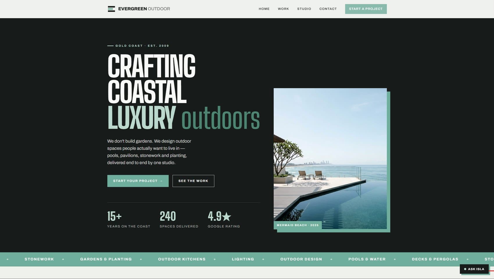 Evergreen Outdoor Living website homepage — Crafting coastal luxury outdoors, Gold Coast, established 2009