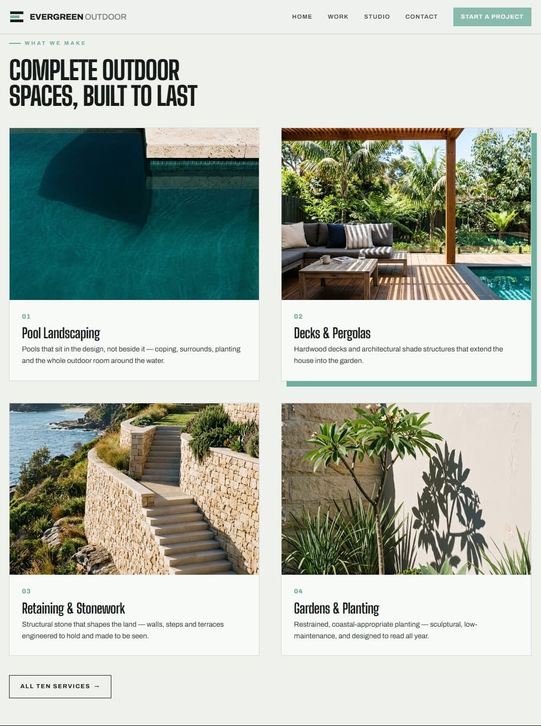 Evergreen Outdoor Living services — Pool Landscaping, Decks and Pergolas, Retaining and Stonework, Gardens and Planting