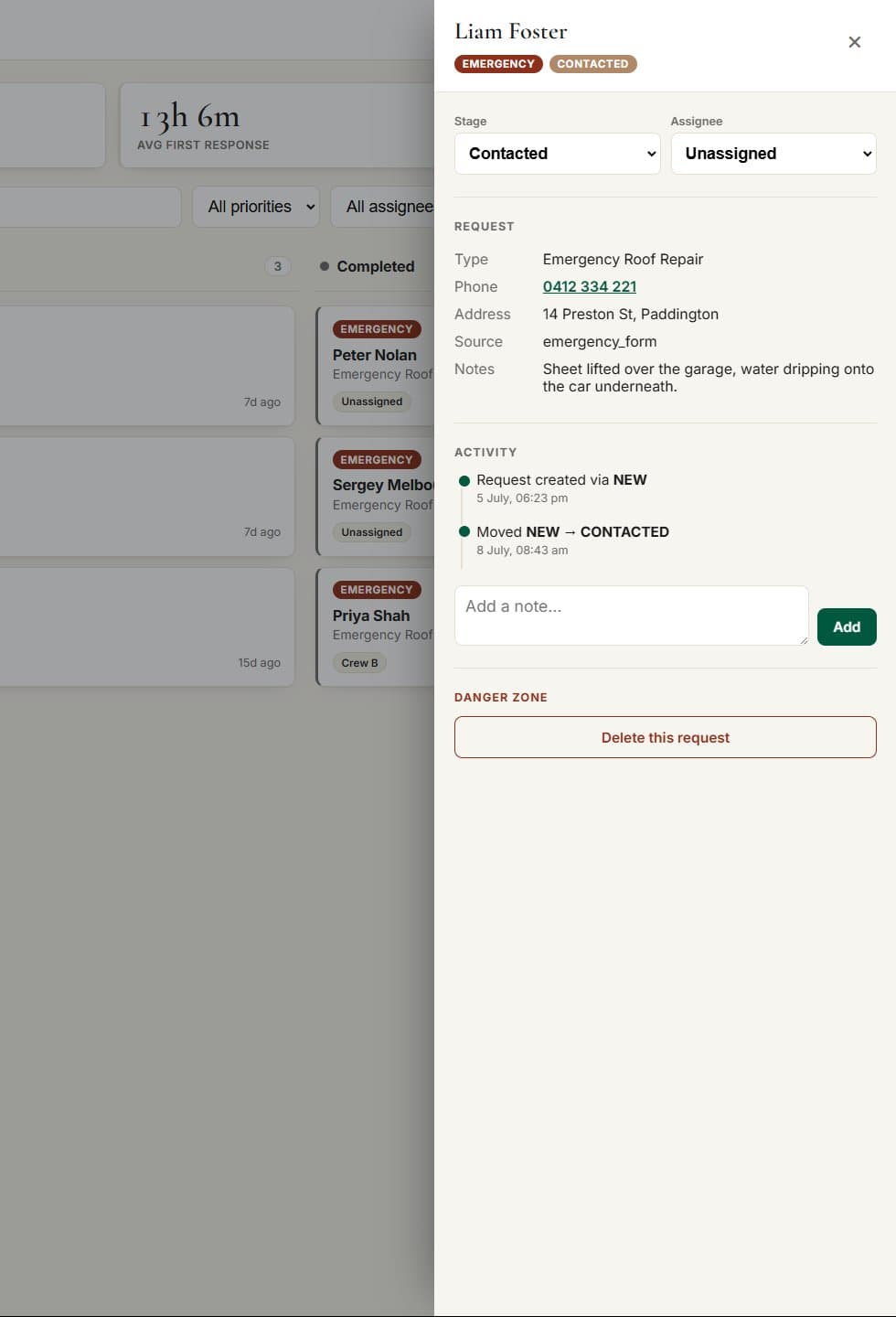 Southern Ridge Roofing CRM request detail — Liam Foster, Emergency Roof Repair, with activity timeline