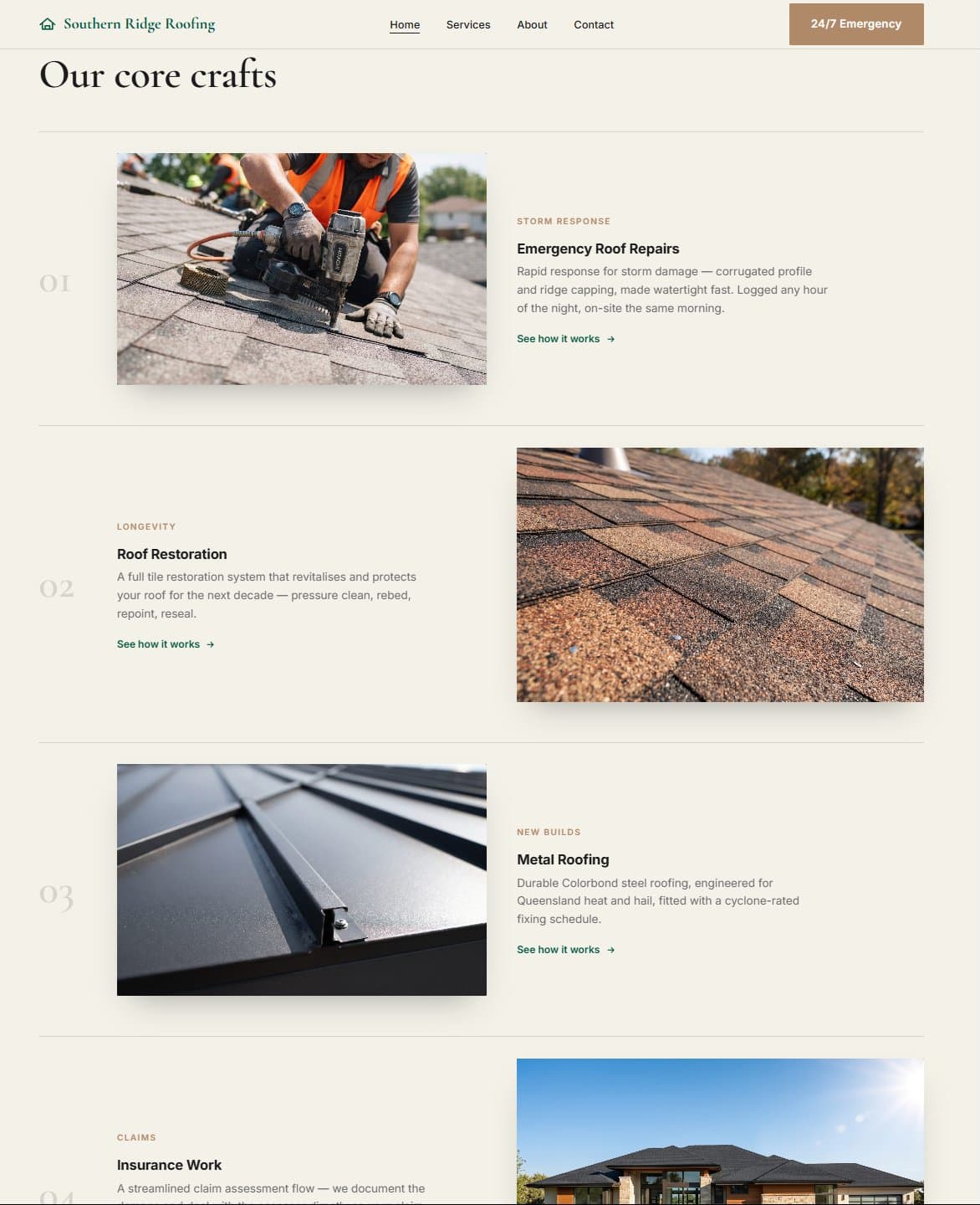 Southern Ridge Roofing services section — Emergency Roof Repairs, Roof Restoration, Metal Roofing, Insurance Work